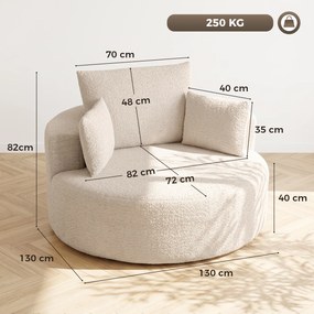 Pufe-poltrona 130 x 130 x 82 cm redondo em chenille, assento amplo, 2 almofadas, 1 encosto, 1 almofada cilíndrica, capacidade de carga de 250 kg, crem