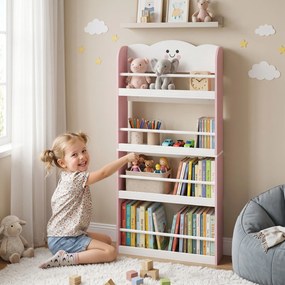 Estante de parede para crianças 60 x 12 x 108 cm, organizador de livros infantil de 4 níveis com tema de algodão doce, rosa