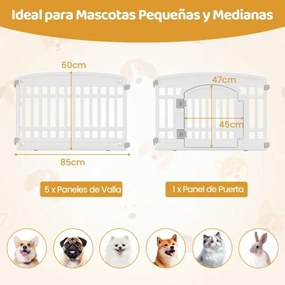 Parque para animais de estimação com 6 painéis e porta com fecho de segurança Ideal para cães pequenos e médios Interior e exterior Branco