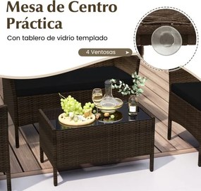 Conjunto de jardim, 4 peças: mobiliário de exterior com cadeira, sofá de 2 lugares e mesa de vidro temperado Castanho misto e almofadas pretas