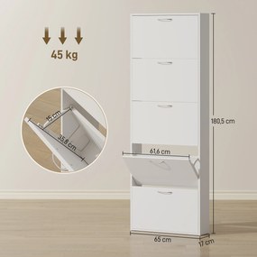 Sapateieira com capacidade para 15 pares, armário para sapatos moderno e estreito com 5 gavetas rebatíveis, 65 x 17 x 180,5 cm, branco