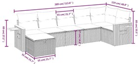 7 pcs conjunto sofás p/ jardim c/ almofadões vime PE cinzento