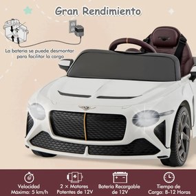 Carro elétrico infantil licenciado Bentley Bacalar 12V com controlo remoto 108 x 65 x 45 cm Branco