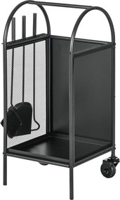 Porta-lenha com rodas e acessórios (pá, vassoura e atiçador) 37,5 x 37,5 x 80 cm, preto