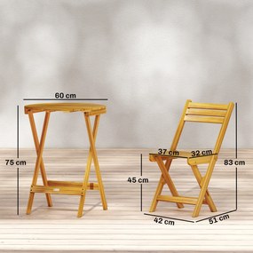 Conjunto de jardim 60x60x75 cm dobrável de 3 peças em madeira de acácia com mesa redonda e 2 cadeiras, sem montagem, cor natural
