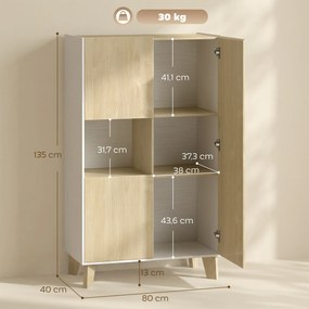 Aparador de sala 80 x 40 x 135 cm, móvel de arrumação com 6 compartimentos e portas com fecho amortecido, branco e cor natural