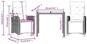 3 pcs conjunto de jantar p/ jardim c/ almofadões vime PE cinza