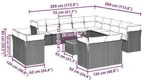 14 pcs conjunto sofás p/ jardim c/ almofadões vime PE cinzento