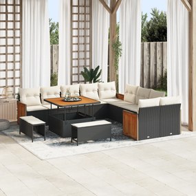 Conjunto de Sofa de Jardim 13 Peças com Almofadas Preto Rattan Poliéster Acácia