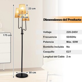 Candeeiro de pé com 3 luzes e 3 abajures de papel tecido estilo boho, base pesada, interruptor no pé, lâmpadas E27 não incluídas Preto