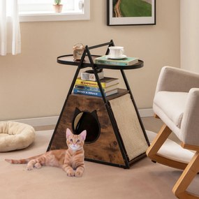 Armário para gatos caverna oculto com mesa de apoio Casa para gatos com 2 Estantes Estrutura em A Caverna para gatos Castanho