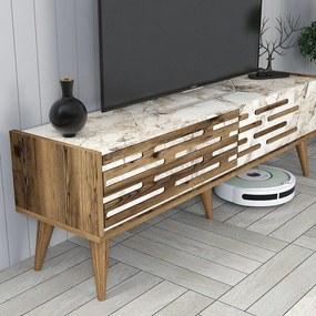 Unidade de TV Valensiya – Nogueira/Branco/Mármore – 140 cm x 35 cm x 4