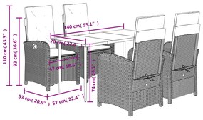 5 pcs conjunto de jantar p/ jardim c/ almofadões vime PE preto
