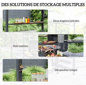 Tenda para churrasco de dois andares com cobertura para jardim e iluminação LED, 240 x 150 x 250 cm(GRELHADOR NÃO INCLUIDO), cinzento escuro