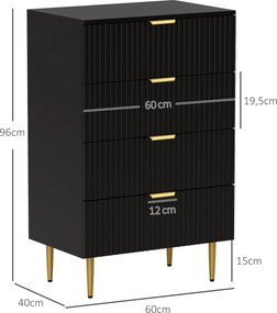 Cómoda de 4 gavetas 60 x 40 x 96 cm, móvel de arrumação moderno para quarto com puxadores e pés dourados, preto