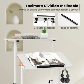 Secretária de pé para computador 60 x 30 x 72-124 cm com rodas Altura ajustável Tampo dividido e ângulo ajustável 2 ganchos Branco