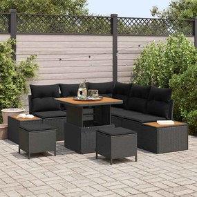 Conjunto de Sofá de Jardim com 8 Peças com Almofadas Preto Rattan Sintético Acácia