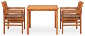 3 pcs conjunto de jantar exterior c/ almofadões acácia maciça