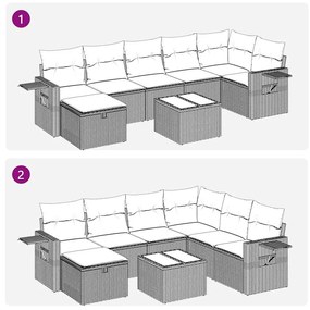 8 pcs conj. sofás jardim c/ almofadões vime PE cinzento-claro