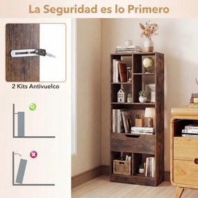 Estante Livreira Estreita, 50 x 24 x 130 cm, 7 Compartimentos e Gaveta Integrada, Castanho