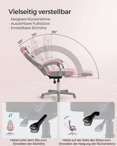 Cadeira Gaming com encosto reclinável e almofada para o apoio de cabeça Rosa pastel + branco creme