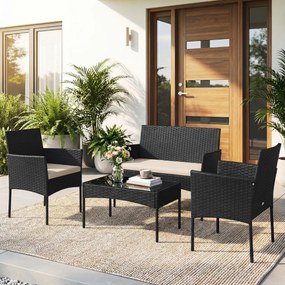 Conjunto de jardim em rattan de 4 peças, com 2 poltronas, sofá de 2 lugares, mesa auxiliar e almofadas de espuma, para alpendre, pátio ou terraço, Pre