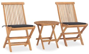 vidaXL 3 pcs conj. jantar dobrável exterior c/ almofadão teca maciça