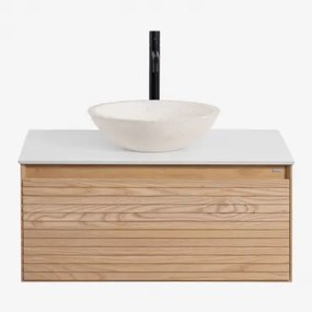 Conjunto De Móvel De Casa De Banho Suspenso 80x50 Cm Em Madeira De Freixo Tedrik Castanho Fresno & Cimento Redondo Branco Ø40 Cm Zavion & - Sklum