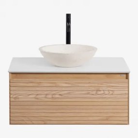 Conjunto De Móvel De Casa De Banho Suspenso Em Madeira De Freixo Tedrik Castanho Fresno & Cimento Redondo Branco Ø40 Cm Zavion & Sem Espelho & - Sklum