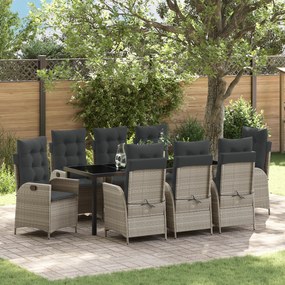 vidaXL Conjunto de Jantar de Jardim com 9 Peças e Almofadas Cinza Claro em Polyrattan