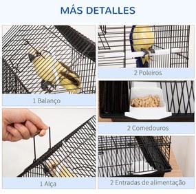 Gaiola para Pássaros 39x33x47cm Gaiola para Pássaros de Metal com 3 Portas 2 Comedouros 2 Poleiros Baloiço Bandeja Amovível e Alça de Transporte para