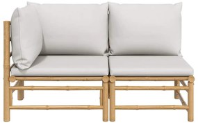 2 pcs conj. lounge de jardim bambu c/ almofadões cinzento-claro