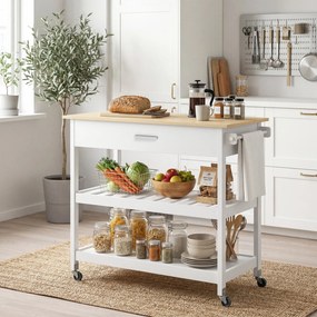 Carro de cozinha com rodas 108,8 x 51 x 92,5 cm, ilha central de cozinha com bancada, gaveta, prateleiras, toalheiro, branco
