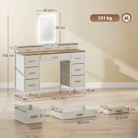 Toucador com Luzes LED de 3 Cores Espelho 10 Gavetas de Tecido e Pés em Aço 118,5x39,5x140 cm cor madeira, cinzento e dourado