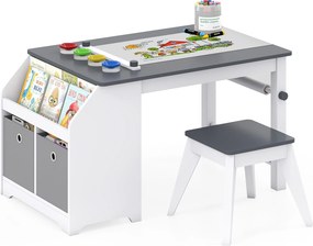 Conjunto de Mesa de Arte Infantil e Banco, 91 x 54 x 49,5 cm, Com Rolo de Desenho, Cinzento + Branco