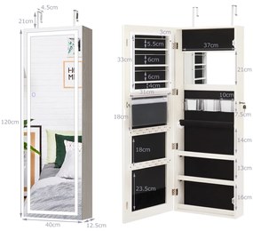 Armário de Jóias com Espelho de Corpo Inteiro Luzes LED Organizador de Jóias Montado em Porta Branco