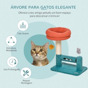 Árvore para Gatos Pequenos com Cama Removível Rolo com Sinos Poste Arranhador de Sisal Bola Suspensa e Brinquedo 37x25x45cm Azul e Laranja