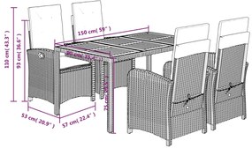 5 pcs conjunto de jantar p/ jardim c/ almofadões vime PE preto