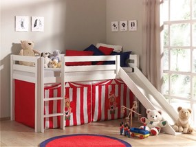 Conjunto Cama alta de Criança PINO 90 x 200 cm + estrado + escada + escorrega + cortina Circo Branca