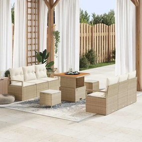 Conjunto de Sofá de Jardim 9 Peças com Almofadas Bege Rattan Poliéster Acácia