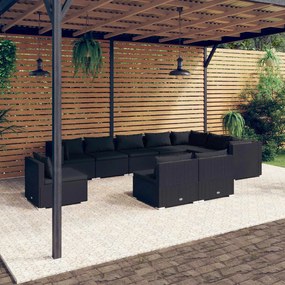 vidaXL 10 pcs conjunto lounge de jardim c/ almofadões vime PE preto