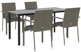 5 pcs conjunto jantar jardim c/ almofadões vime PE preto/cinza