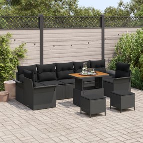 Conjunto de Sofá de Jardim de 10 Peças com Almofadas em Preto, Rattan de Polietileno e Acácia