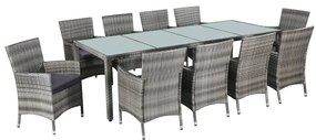 11 pcs conjunto jantar exterior c/ almofadões vime PE cinzento