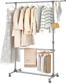 Guarda roupa aberto com rodas Ajustável em altura de 113 a 198 cm, aço inoxidável, cinza prateado