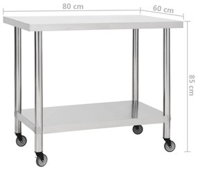 Mesa de trabalho de cozinha com rodas aço inoxidável 80x60x85cm