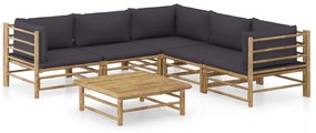vidaXL 6 pcs conj. lounge jardim em bambu c/ almofadões cinza-escuro