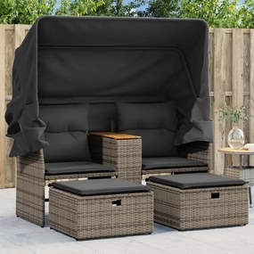 vidaXL Sofá de jardim de 2 lugares com toldo e bancos vime PE cinzento