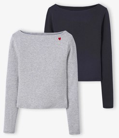 Conjunto de 2 t-shirts em canelado para menina JONEN. cinza mesclado