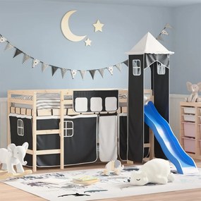 vidaXL Cortinas para cama elevada com torre poliéster branco e preto